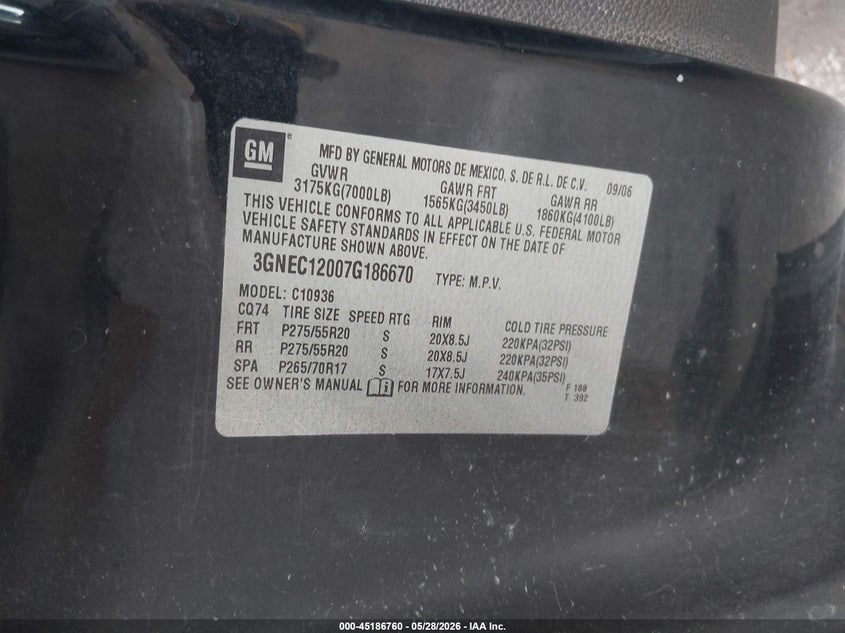 2007 Chevrolet Avalanche 1500 Ltz VIN: 3GNEC12007G186670 Lot: 45186760