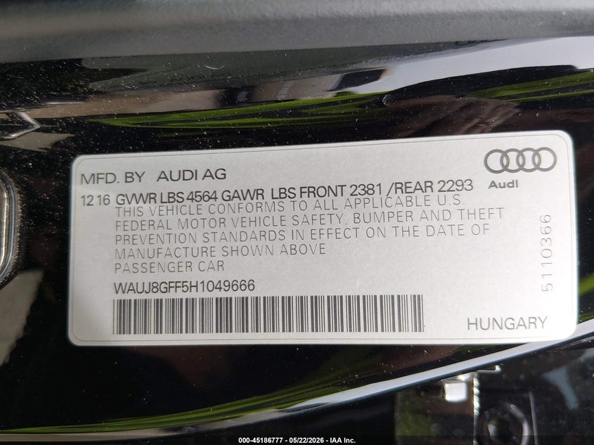 2017 Audi A3 2.0T Premium VIN: WAUJ8GFF5H1049666 Lot: 45186777