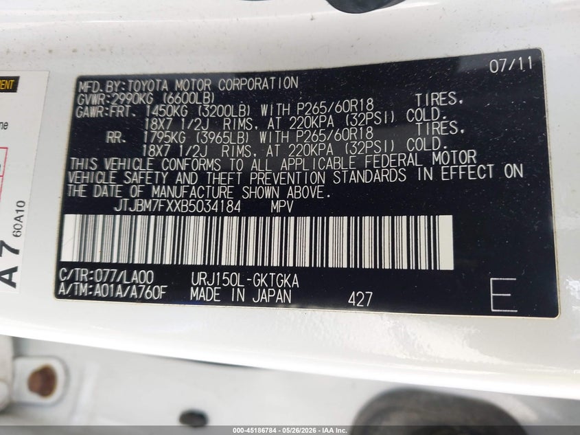 LEXUS GX 460 2011 VIN JTJBM7FXXB5034184