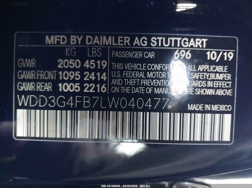 2020 Mercedes-Benz A 220 4Matic VIN: WDD3G4FB7LW040477 Lot: 45186800