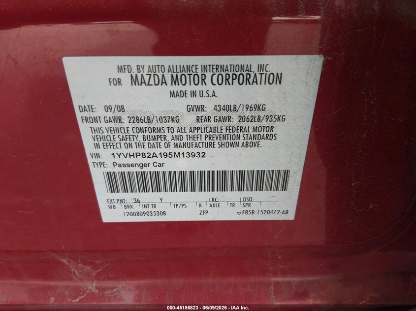 MAZDA MAZDA6 2009 VIN 1YVHP82A195M13932