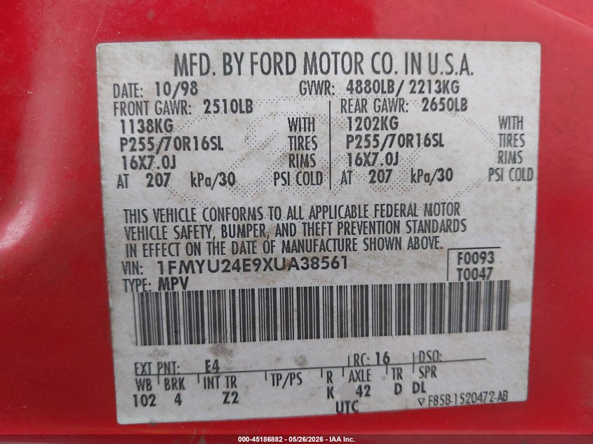 1999 Ford Explorer Sport VIN: 1FMYU24E9XUA38561 Lot: 45186882