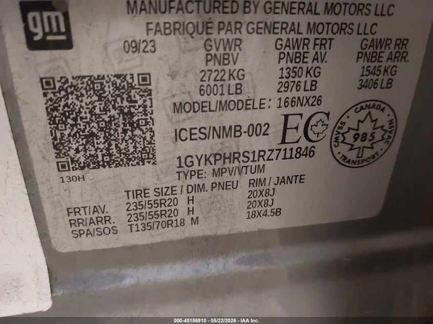 2024 Cadillac Xt6 Sport VIN: 1GYKPHRS1RZ711846 Lot: 45186910