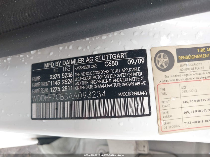 2010 Mercedes-Benz E 550 VIN: WDDHF7CB3AA093234 Lot: 45186923