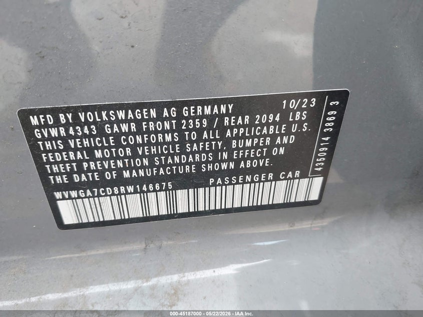 2024 Volkswagen Golf Gti 2.0T S VIN: WVWGA7CD8RW146675 Lot: 45187000