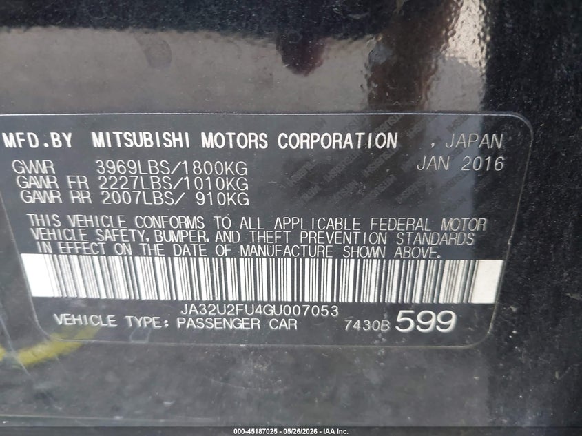 2016 Mitsubishi Lancer Es VIN: JA32U2FU4GU007053 Lot: 45187025