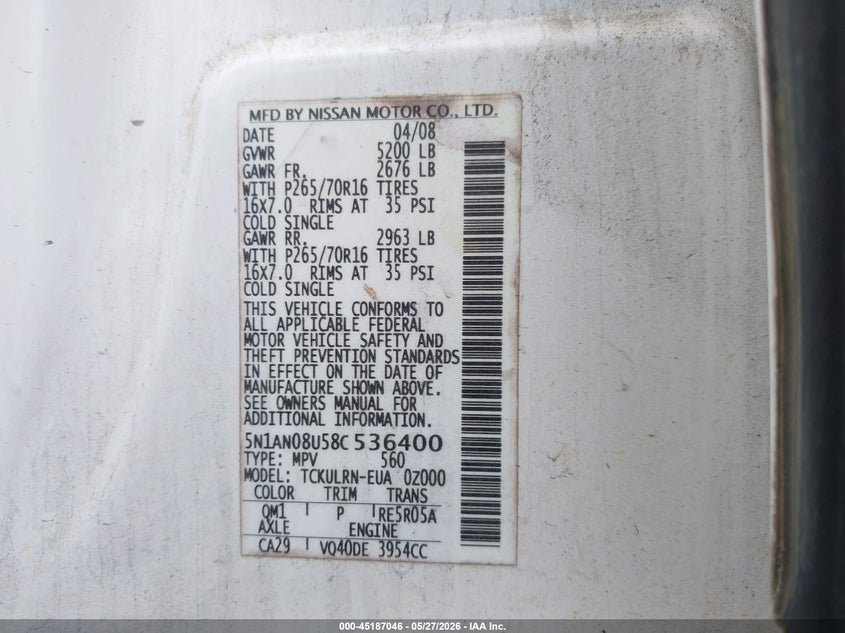 2008 Nissan Xterra S VIN: 5N1AN08U58C536400 Lot: 45187046