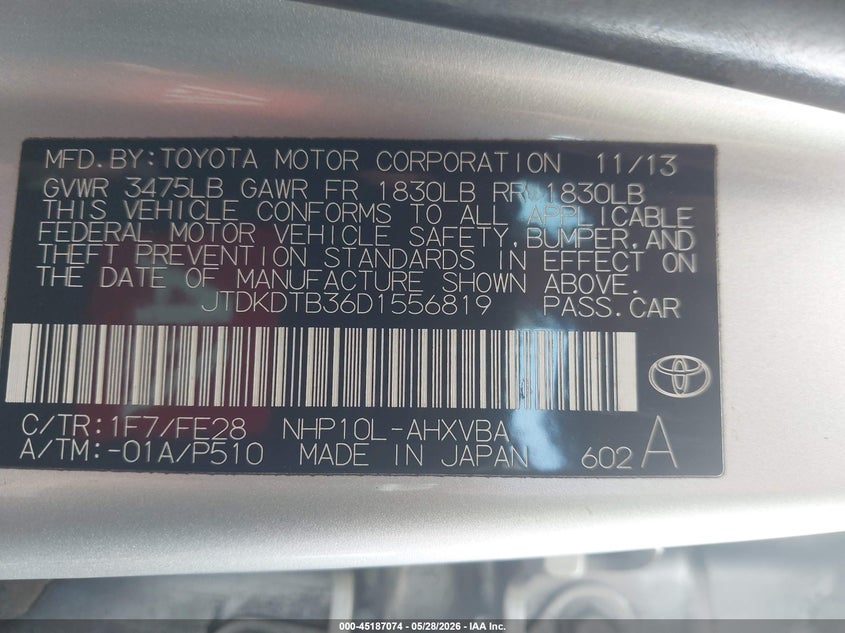 2013 Toyota Prius C One VIN: JTDKDTB36D1556819 Lot: 45187074