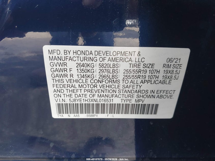 2022 Acura Mdx Standard VIN: 5J8YE1H3XNL016531 Lot: 45187079