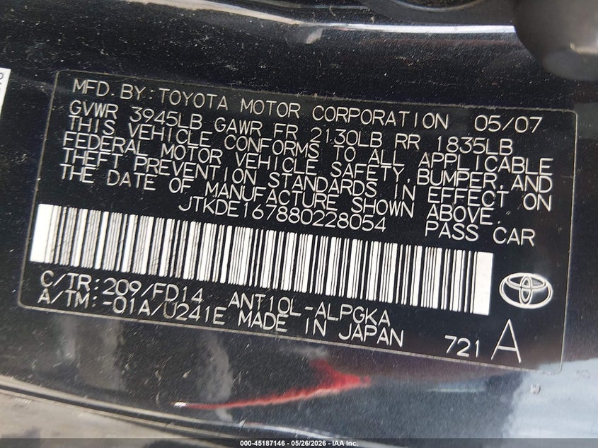2008 Scion Tc VIN: JTKDE167880228054 Lot: 45187146