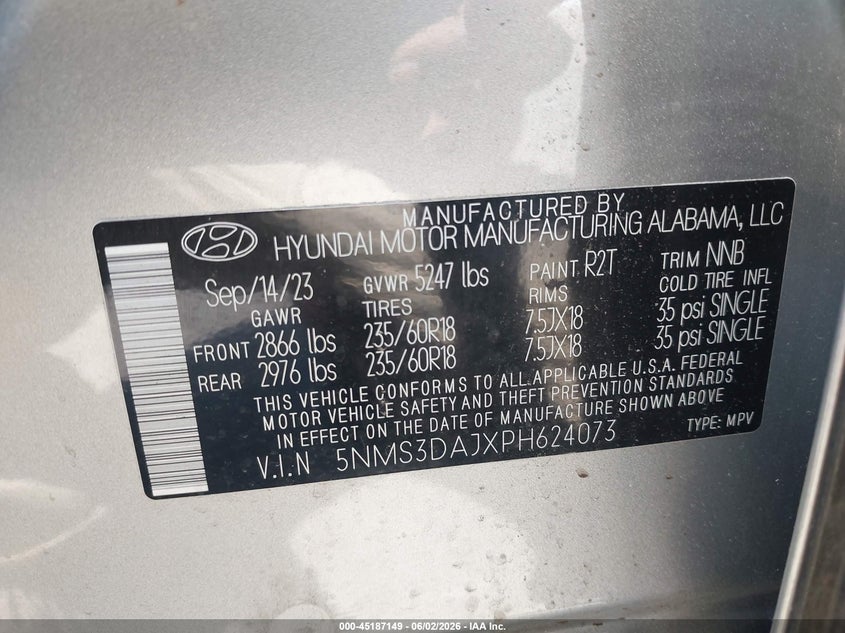 2023 Hyundai Santa Fe Sel VIN: 5NMS3DAJXPH624073 Lot: 45187149