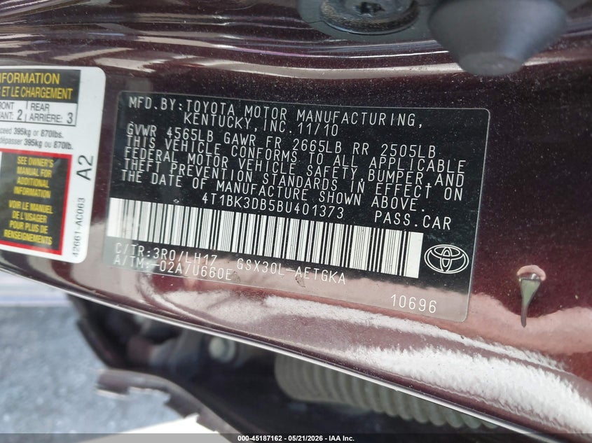 2011 Toyota Avalon VIN: 4T1BK3DB5BU401373 Lot: 45187162