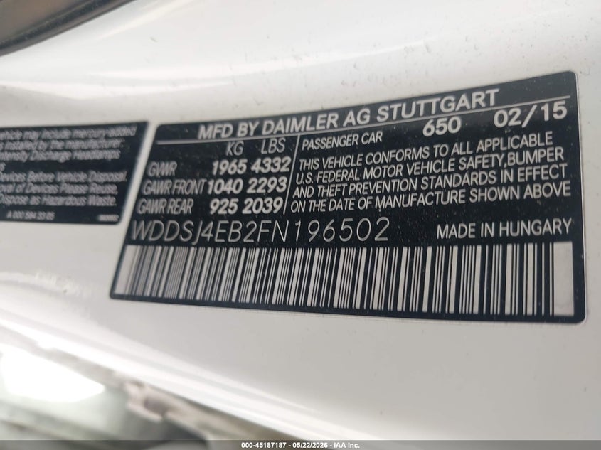 2015 Mercedes-Benz Cla 250 VIN: WDDSJ4EB2FN196502 Lot: 45187187