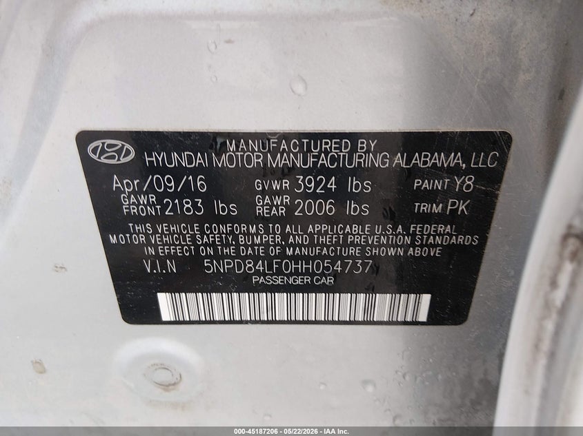 VIN 5NPD84LF0HH054737 2017 HYUNDAI ELANTRA SE