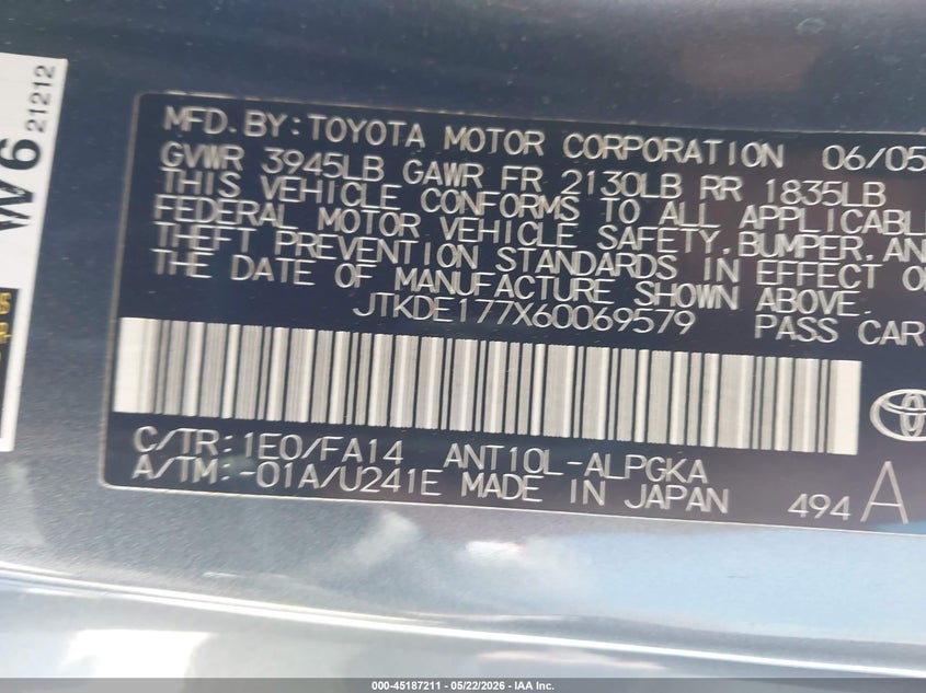 2006 Scion Tc VIN: JTKDE177X60069579 Lot: 45187211