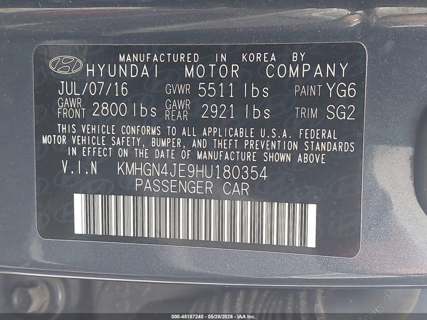 2017 Genesis G80 3.8 VIN: KMHGN4JE9HU180354 Lot: 45187240
