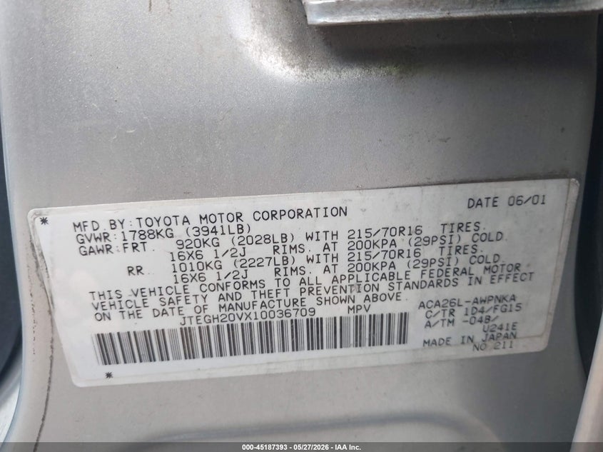 2001 Toyota Rav4 VIN: JTEGH20VX10036709 Lot: 45187393