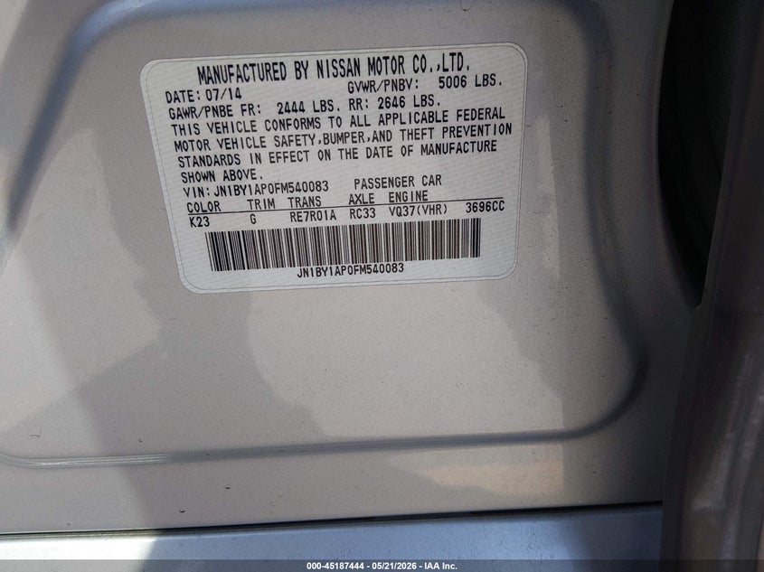 2015 Infiniti Q70 3.7 VIN: JN1BY1AP0FM540083 Lot: 45187444