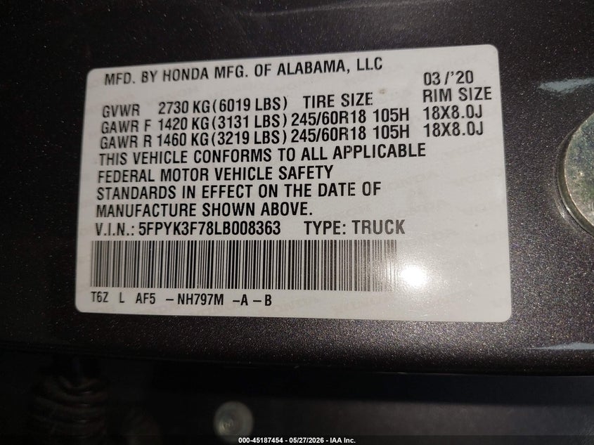 2020 Honda Ridgeline Rtl-E VIN: 5FPYK3F78LB008363 Lot: 45187454