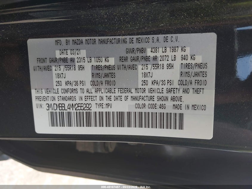 2021 Mazda Cx-30 Select VIN: 3MVDMBBL4MM255292 Lot: 45187457