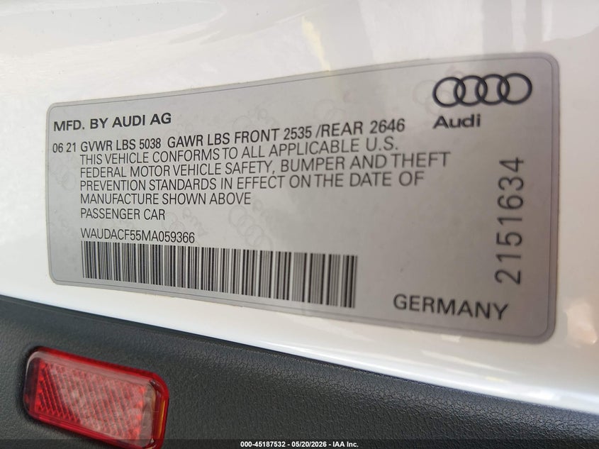 2021 Audi A5 Sportback Premium 45 Tfsi Quattro S Tronic VIN: WAUDACF55MA059366 Lot: 45187532