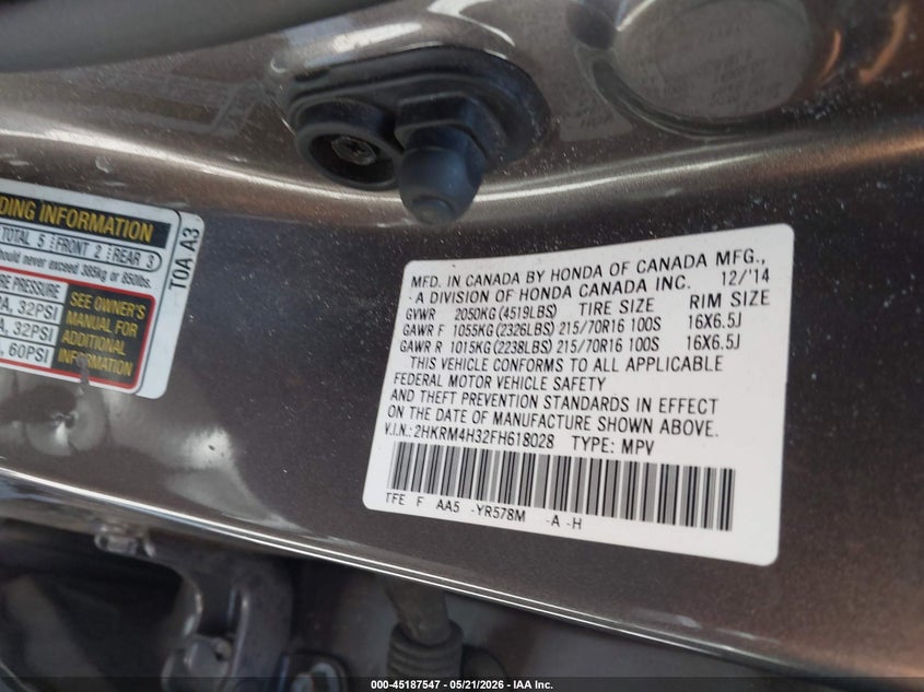 2015 HONDA CR-V SPORT UTILITY VEHICLE 2.4L I-4 DI, DOHC, VVT, 185HP