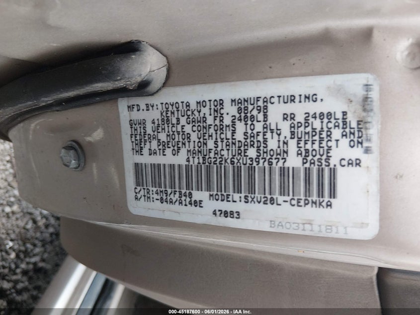 1999 Toyota Camry Le VIN: 4T1BG22K6XU397677 Lot: 45187600