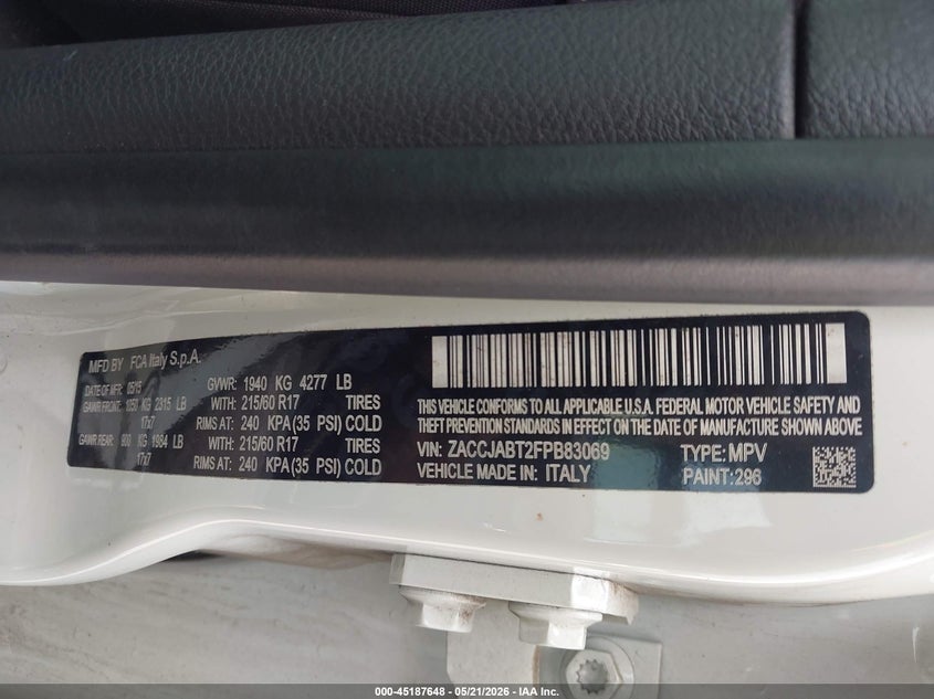 JEEP RENEGADE 2015 VIN ZACCJABT2FPB83069