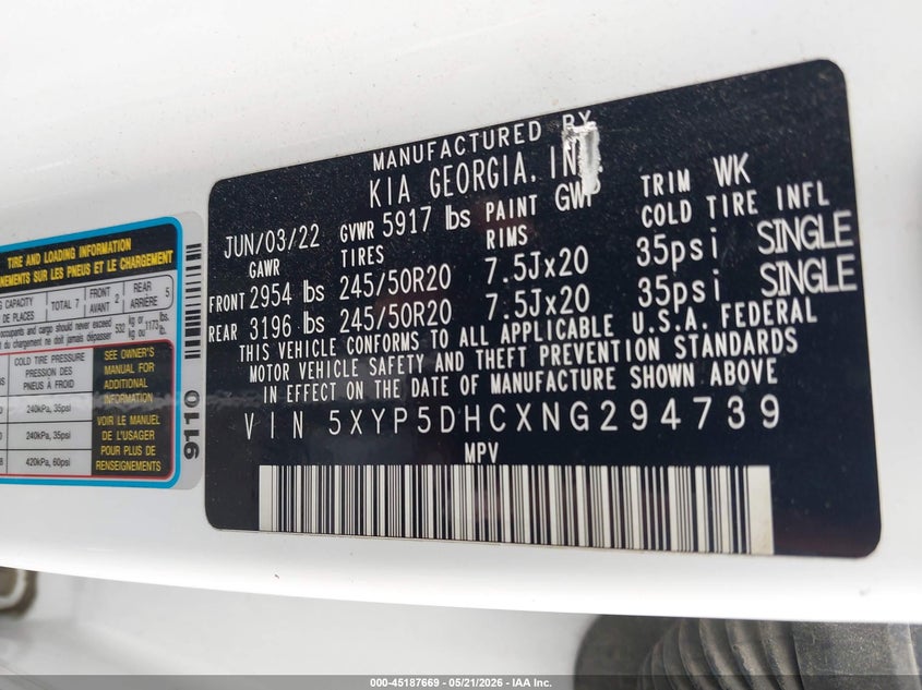 2022 Kia Telluride Sx VIN: 5XYP5DHCXNG294739 Lot: 45187669