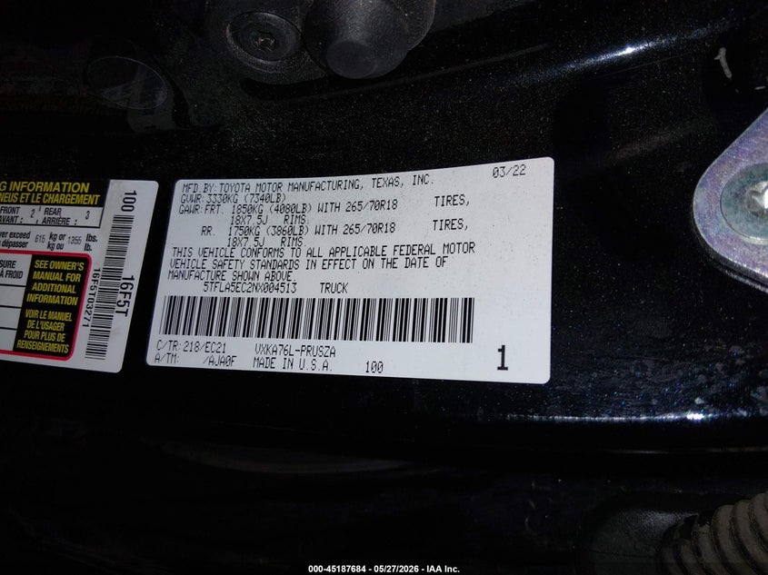2022 Toyota Tundra Sr5 VIN: 5TFLA5EC2NX004513 Lot: 45187684