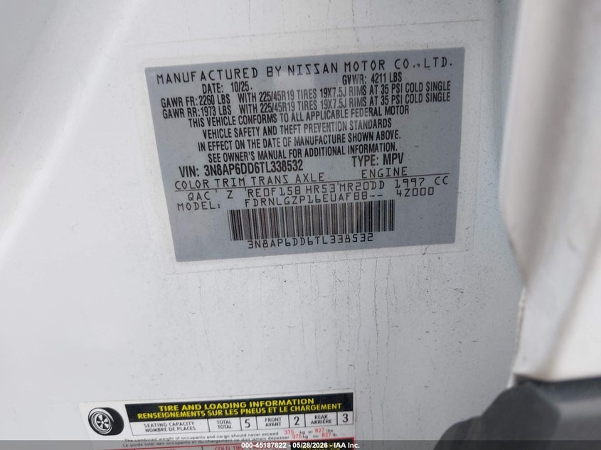 VIN 3N8AP6DD6TL338532 2026 NISSAN KICKS SR