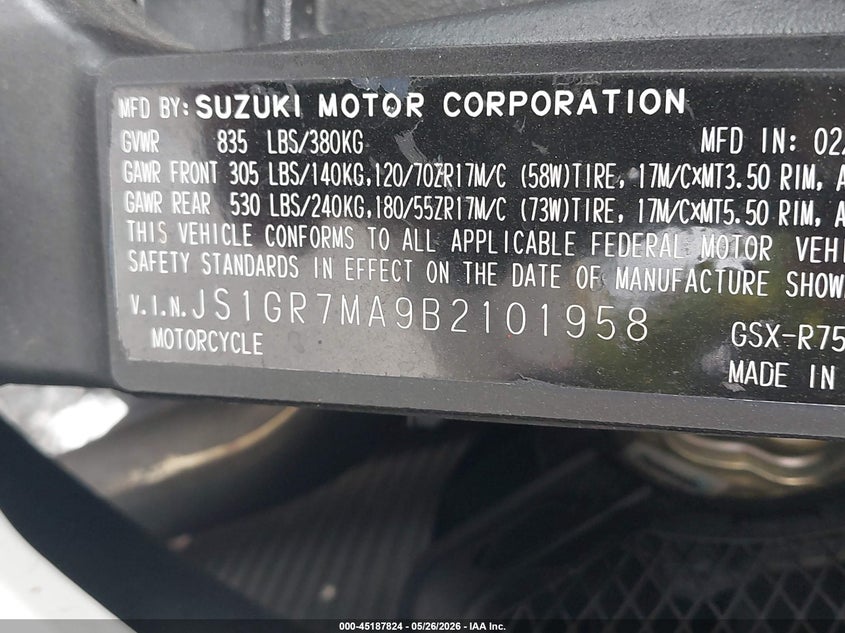 2011 Suzuki Gsx750 VIN: JS1GR7MA9B2101958 Lot: 45187824