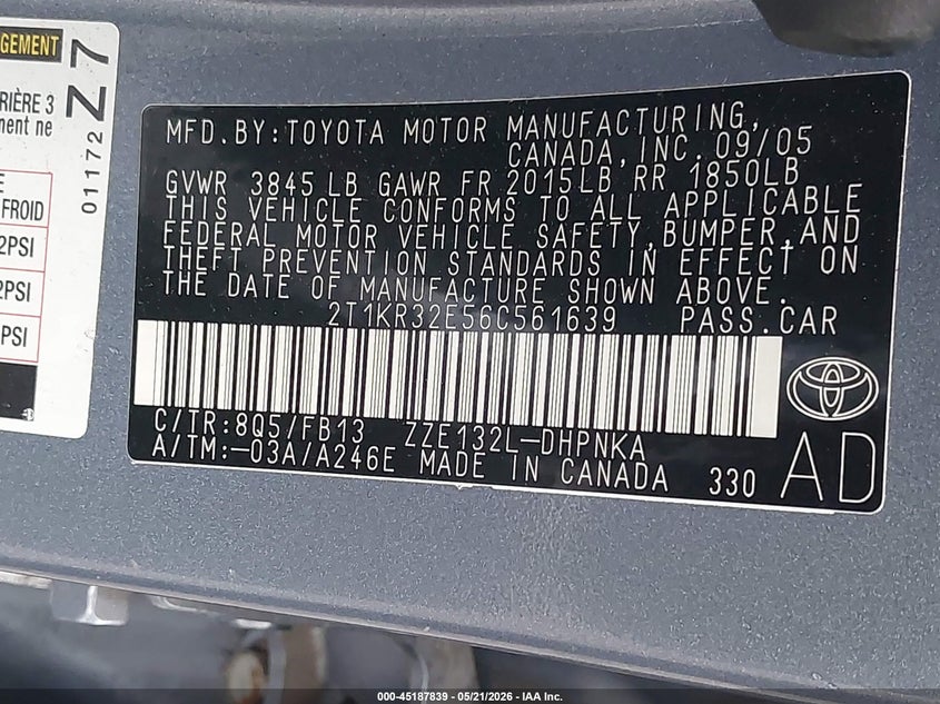 2006 Toyota Matrix Xr VIN: 2T1KR32E56C561639 Lot: 45187839
