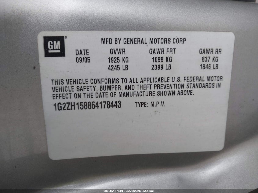 2006 Pontiac G6 Gt VIN: 1G2ZH158864178443 Lot: 45187849