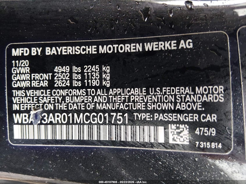 2021 BMW M440I xDrive VIN: WBA13AR01MCG01751 Lot: 45187905