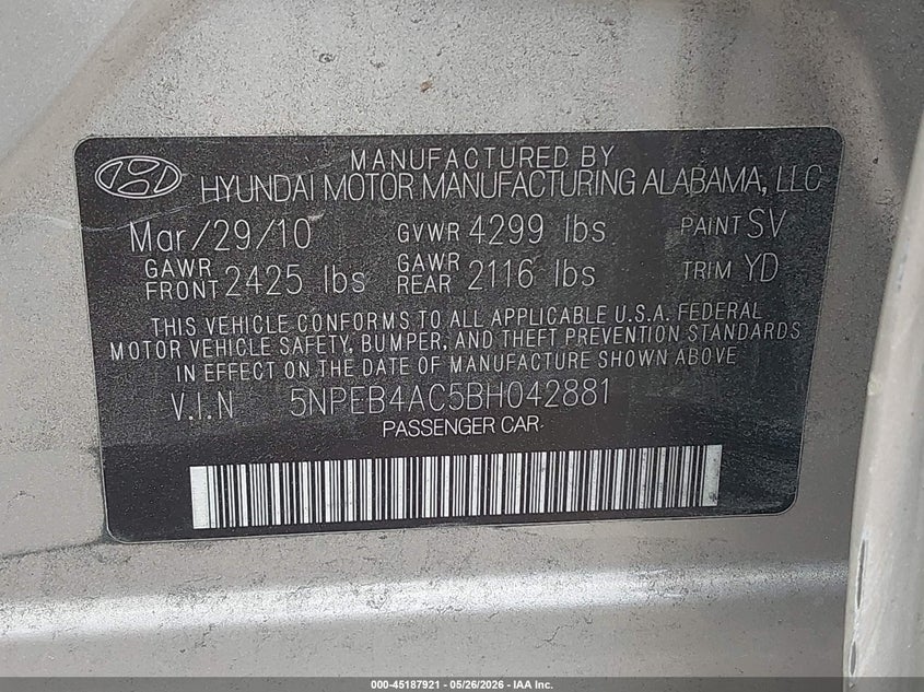 2011 HYUNDAI SONATA SEDAN 2.4L I-4 DI, DOHC, VVT, 198HP