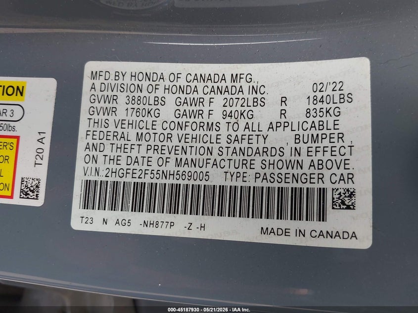 2022 HONDA CIVIC 2.0L I-4 DI, DOHC, V(VIN: 2HGFE2F55NH569005