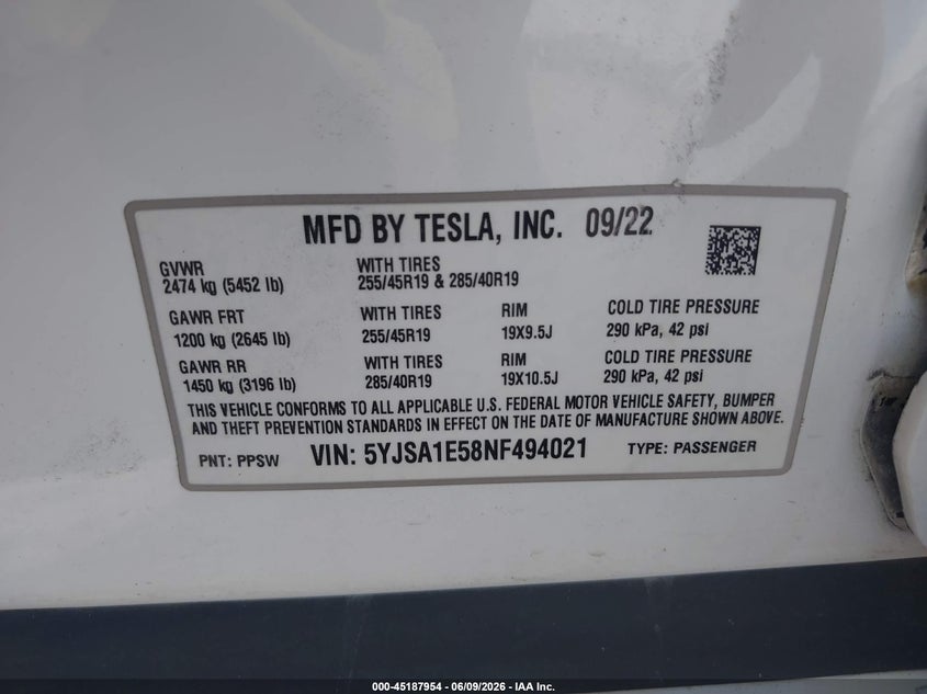 2022 Tesla Model S Dual Motor All-Wheel Drive VIN: 5YJSA1E58NF494021 Lot: 45187954