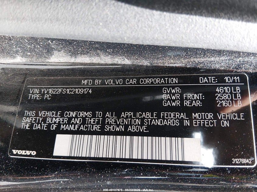 2012 Volvo S60 T5 VIN: YV1622FS1C2109174 Lot: 45187975