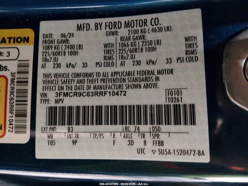 2024 Ford Bronco Sport Outer Banks VIN: 3FMCR9C63RRF10472 Lot: 45187998