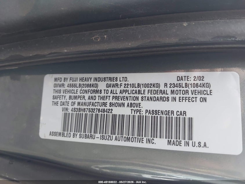 2002 Subaru Outback VIN: 4S3BH675327649422 Lot: 45188022