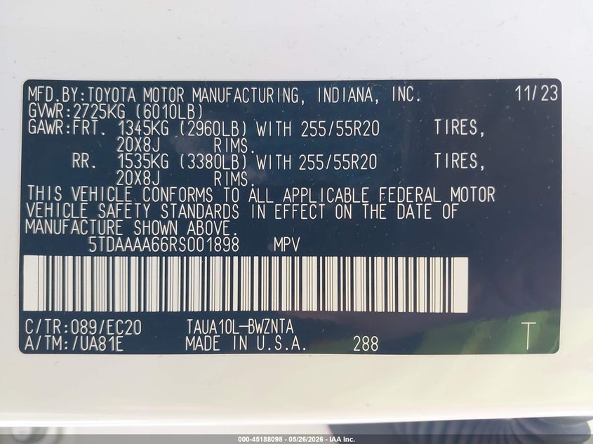 2024 Lexus Tx 350 VIN: 5TDAAAA66RS001898 Lot: 45188098