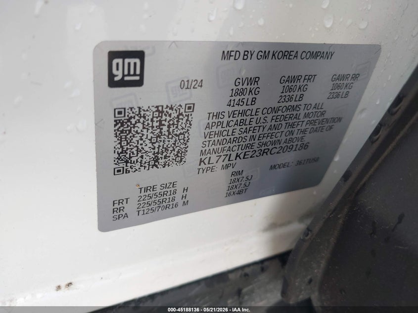 2024 CHEVROLET TRAX 1.2L I-3 DI, DOHC, V(VIN: KL77LKE23RC209186