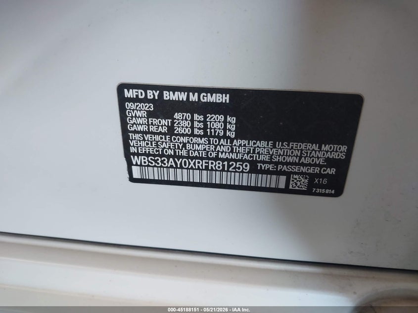 2024 BMW M3 Competition VIN: WBS33AY0XRFR81259 Lot: 45188151