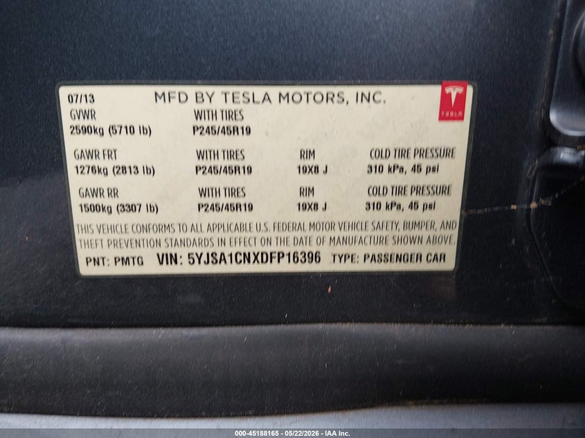 2013 Tesla Model S VIN: 5YJSA1CNXDFP16396 Lot: 45188165