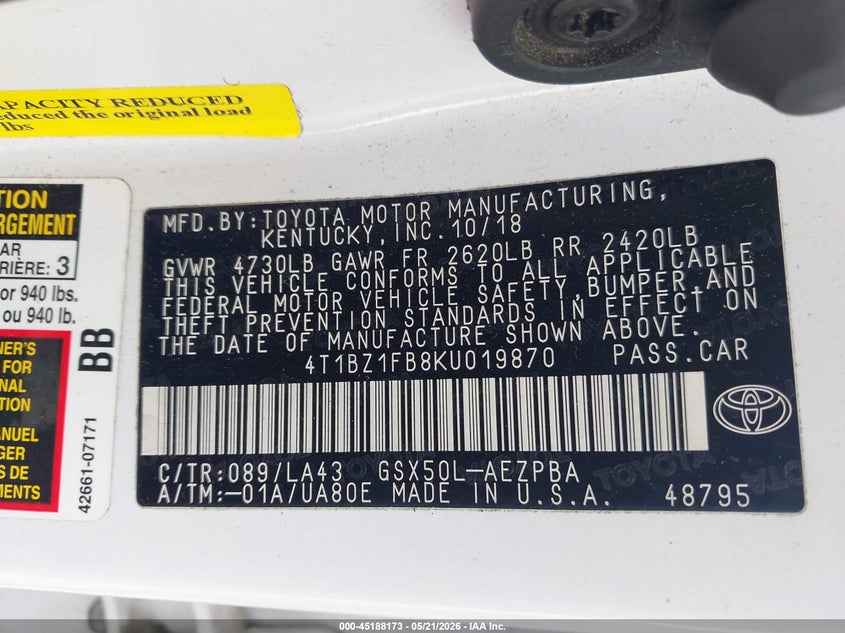 2019 Toyota Avalon Limited VIN: 4T1BZ1FB8KU019870 Lot: 45188173