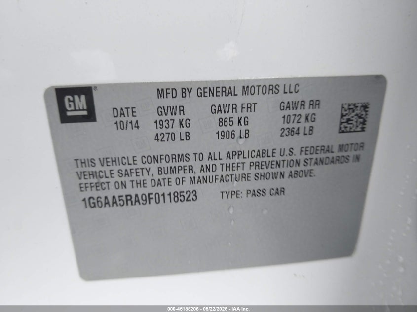 2015 Cadillac Ats Standard VIN: 1G6AA5RA9F0118523 Lot: 45188206