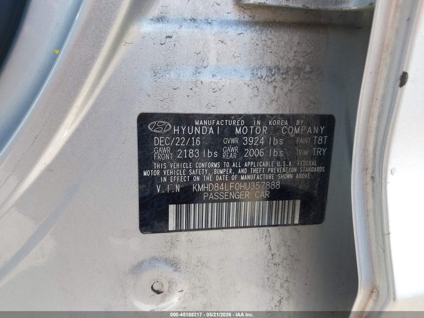 VIN KMHD84LF0HU357888 2017 HYUNDAI ELANTRA VALUE EDITION
