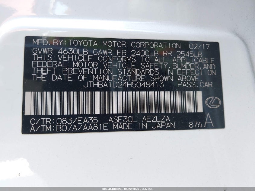 2017 Lexus Is 200T VIN: JTHBA1D24H5048413 Lot: 45188223