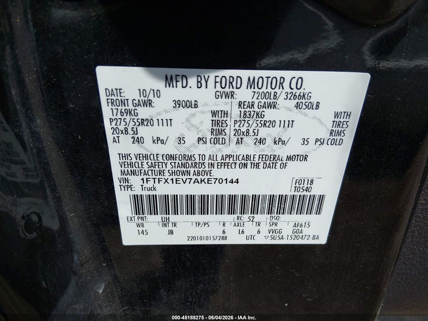 2010 Ford F-150 Fx4/Lariat/Xl/Xlt VIN: 1FTFX1EV7AKE70144 Lot: 45188275